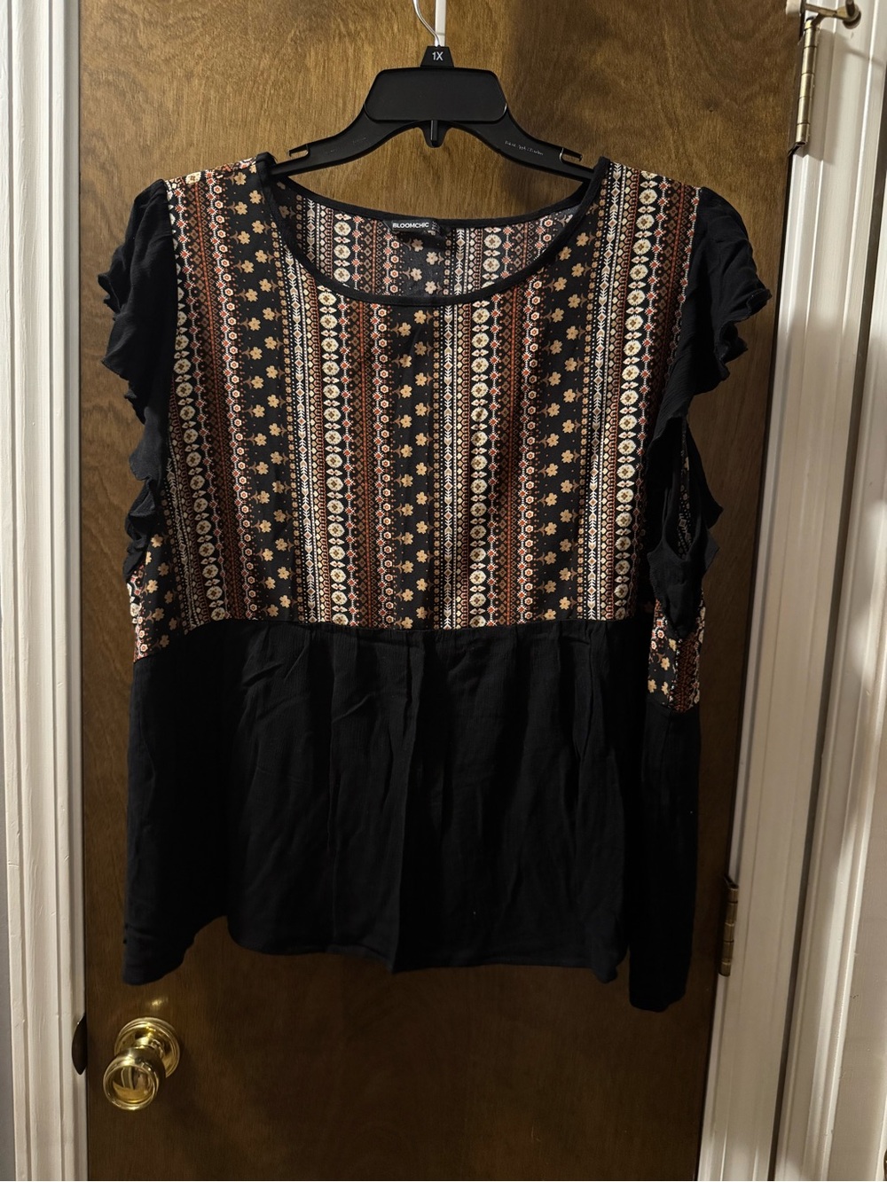 BloomChic Black Short Sleeve Top with Multi-Color Boho Yoke